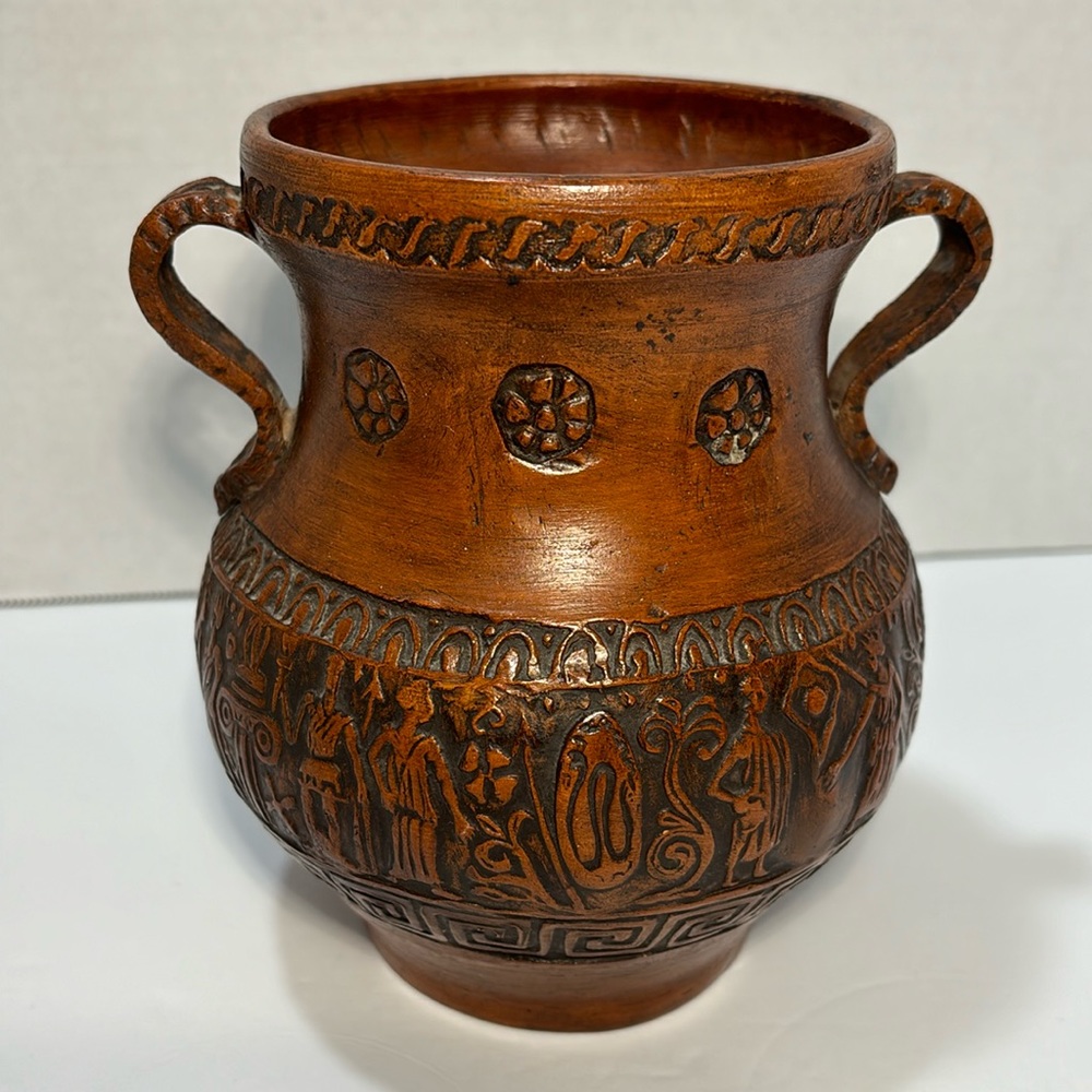 VTG Terracotta Red Clay Art Pottery Vase Hand Made Earthenware Hieroglyphics